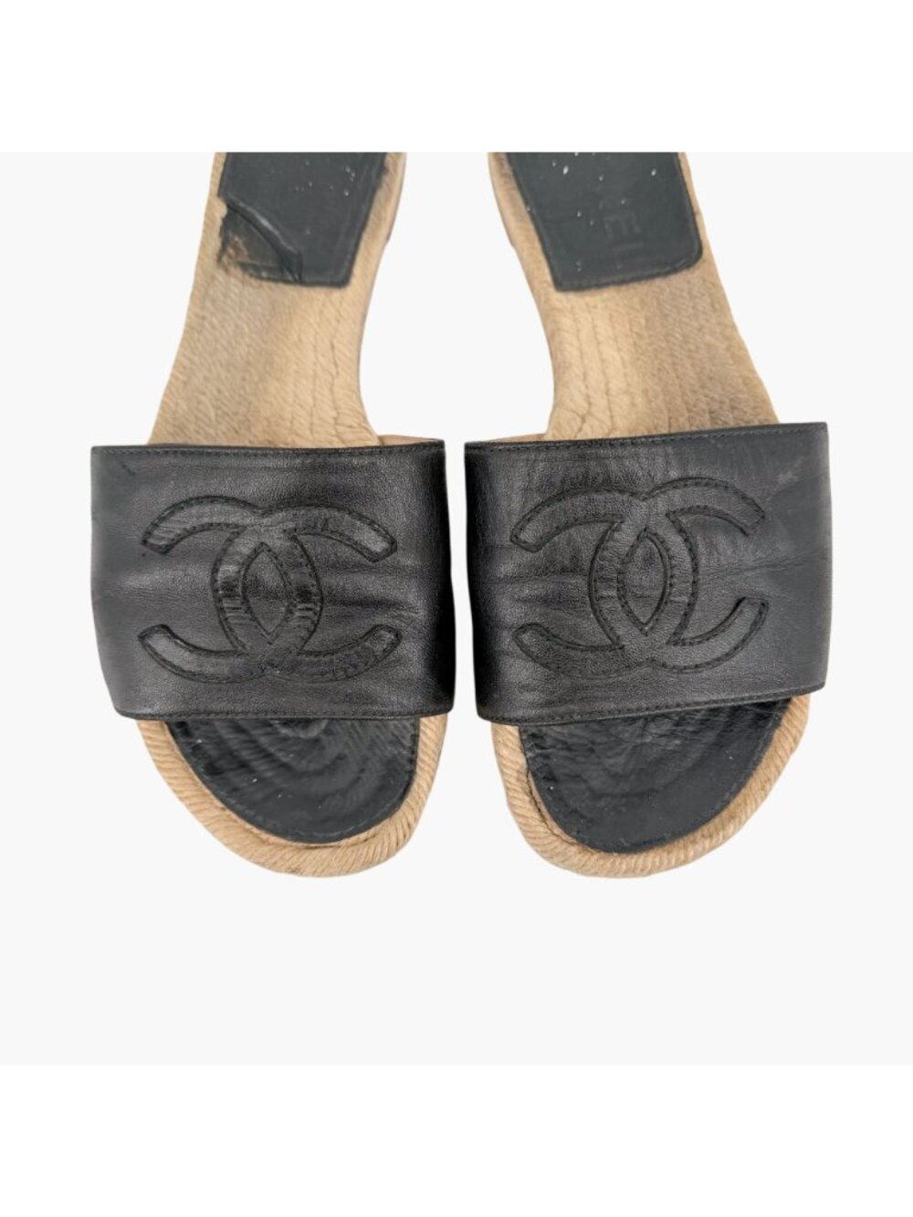 Chanel Black Leather CC Espadrille Slide Sandals Flats Size 38 US 7–7.5 Women's - Picture 3 of 15